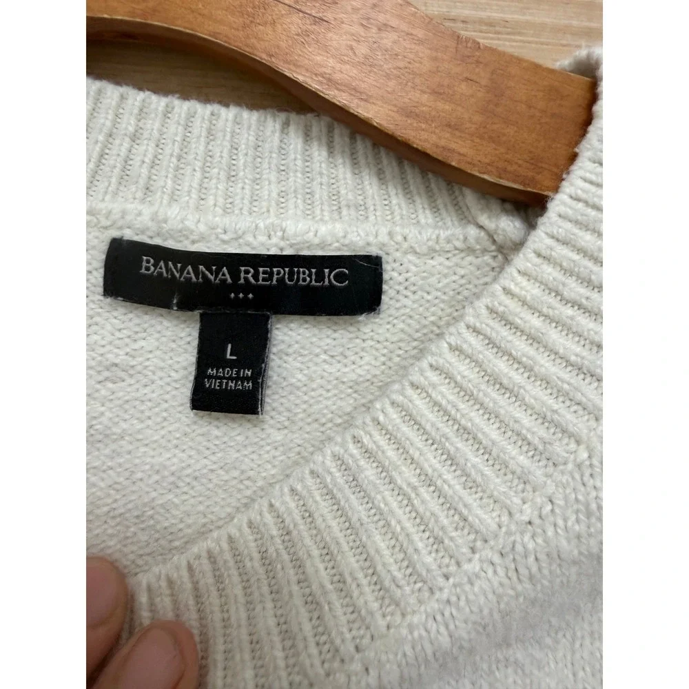 Banana Republic Mens L Cream Raglan Crewneck Knit Sweater Heathered Ivory 6467